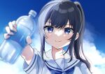  &gt;:) 1girl bangs black_hair blue_eyes blue_sky blurry blurry_foreground blush bottle closed_mouth cloud cloudy_sky commentary_request day depth_of_field hair_between_eyes holding holding_bottle long_hair minami_saki original outdoors ponytail sailor_collar school_uniform serafuku shirt short_sleeves sidelocks sky smile solo v-shaped_eyebrows water_bottle white_sailor_collar white_shirt 