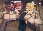  2girls arm_strap arms_behind_back ball_gag bdsm blonde_hair bondage bound bound_arms bound_legs breasts brown_hair censored collar crotch_rope elbow_gloves gag gagged gangbang gloves group_sex hanging highres large_breasts mosaic_censoring multiple_girls rape red_hair restrained shibari shirai_kuroko shokuhou_misaki sidelocks sleepy_frippy small_breasts thigh_strap toaru_kagaku_no_railgun toaru_majutsu_no_index twintails vaginal 