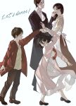  2boys 2girls absurdres apron ascot black_hair black_jacket breasts brown_hair brown_jacket brown_pants brown_skirt cardigan carla_yeager child closed_eyes collared_shirt couple dancing dress eren_yeager full_body glasses grisha_yeager hair_over_shoulder highres holding_hands husband_and_wife jacket long_dress long_skirt medium_breasts mikasa_ackerman multiple_boys multiple_girls open_mouth pants parent_and_child parted_bangs pink_cardigan red_scarf round_eyewear scarf shingeki_no_kyojin shirt skirt smile suit_jacket user_yaky5455 white_apron white_ascot white_background white_dress white_shirt 