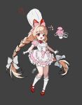  1girl apron blonde_hair bow braid chef_hat cherry crust_(nikke) dress food food-themed_hair_ornament fruit gloves goddess_of_victory:_nikke grey_background hair_bow hair_ornament hat highres long_hair open_mouth pink_dress rabbit_hair_ornament red_eyes red_shoes sagle shoes simple_background smile spatula strawberry strawberry_hair_ornament twin_braids white_apron white_gloves 