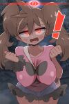  ! 1girl alpha_pokemon blush breasts brown_hair covered_nipples dark-skinned_female dark_skin denim denim_shorts highres kurachi_mizuki large_breasts looking_at_viewer open_mouth pink_shirt pokemon pokemon_xy red_eyes scrunchie shauna_(pokemon) shirt shorts solo sweat twintails wrist_scrunchie 