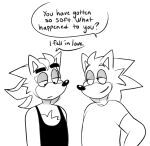 2025 answer anthro asking_another beastofeuthanasia black_clothing black_eyebrows black_nose black_shirt black_tank_top black_topwear chest_tuft clothed clothed_anthro clothed_male clothing dialogue digital_drawing_(artwork) digital_media_(artwork) duo english_description english_text eulipotyphlan eyebrows frown grey_eyelids greyscale half-closed_eyes hedgehog looking_at_another looking_at_partner looking_down male male/male male_anthro mammal monochrome narrowed_eyes question sega shaded shadow_the_hedgehog shirt simple_background simple_shading smile smiling_at_another smiling_at_partner sonic_the_hedgehog sonic_the_hedgehog_(series) speech_bubble t-shirt talking_to_another talking_to_partner tank_top text thick_eyebrows topwear tuft white_background white_clothing white_shirt white_t-shirt white_topwear