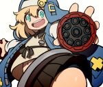  1boy :d aqua_eyes beeru_(veil8801) blonde_hair bridget_(guilty_gear) bright_pupils crossdressing empire_waist guilty_gear guilty_gear_strive hair_between_eyes hood hood_up hooded_jacket jacket long_sleeves male_focus medium_hair navel open_clothes open_jacket open_mouth otoko_no_ko shirt simple_background smile solo teeth unzipped upper_teeth_only white_background white_pupils white_shirt yo-yo zipper 