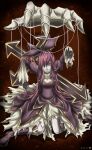  1girl boots breasts brown_background celine_kimi colored_skin commentary_request dated doll_joints full_body hair_between_eyes hair_over_one_eye joints juliet_sleeves large_cross long_bangs long_hair long_sleeves looking_at_viewer marionette medium_breasts open_mouth pink_hair puffy_sleeves puppet purple_boots purple_shirt ragnarok_online red_eyes shirt sitting skirt smile solo torn_clothes torn_skirt very_long_hair wei_yudu_rou white_skin white_skirt 