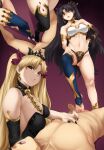  1boy 2girls armlet bangs bare_shoulders bikini black_dress black_hair black_thighhighs blonde_hair bracelet breasts cleavage clenched_teeth clothed_female_nude_male collarbone detached_collar detached_sleeves dress earrings ereshkigal_(fate) fate/grand_order fate_(series) feet footjob fujimaru_ritsuka_(male) gold_trim hair_ribbon hetero highres hoop_earrings ishtar_(fate) jewelry long_hair lying medium_breasts mismatched_bikini multiple_girls multiple_views navel neck_ring nude on_back open_mouth parted_bangs penis red_eyes ribbon shaded_face short_dress short_hair single_detached_sleeve single_thighhigh skull sockinajar spine swimsuit teeth thighhighs thighlet tiara toes two_side_up 
