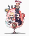  2girls 3boys :o absurdres apex_legends bandana bangs black_bodysuit black_hair black_pants blonde_hair blue_eyes bodysuit brown_tank_top chibi dark-skinned_female dark_skin double_bun hair_bun headband highres lifeline_(apex_legends) multiple_boys multiple_girls nessie_(respawn) one-eyed open_mouth orange_eyes pants parted_bangs pathfinder_(apex_legends) red_bandana red_scarf revenant_(apex_legends) scarf serinoki shaved_ice short_hair sitting smile tank_top wattson_(apex_legends) white_headband wraith_(apex_legends) yellow_eyes 