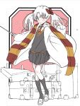  blush border bow cloak closed_mouth collared_shirt commentary diagonal-striped_clothes diagonal-striped_necktie dress_shirt floating_cape floating_clothes full_body grey_skirt grey_socks grey_sweater gryffindor hair_bow hand_up harry_potter_(series) highres holding holding_wand kneehighs light_smile loafers long_hair long_sleeves looking_at_viewer necktie niea open_cloak open_clothes open_suitcase parody partially_colored pink_background pleated_skirt red_bow red_necktie red_scarf red_trim romaji_commentary scarf school_uniform shirt shoes skirt smile socks squeans standing striped_clothes striped_scarf suitcase sweater toaru_kagaku_no_railgun toaru_majutsu_no_index trim_marks twintails two-tone_necktie two-tone_scarf v-neck wand white_border white_shirt wizarding_world yellow_necktie yellow_scarf yellow_trim 