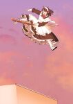  1girl apron benihana_(suzushiro333) dawn highres holding holding_skateboard jumping kickflip maid maid_apron maid_headdress maid_skater midair orange_sky scenery shoes skateboard skateboarding sky sneakers solo suzushiro_(suzushiro333) 