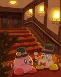  blush bow bowtie candle carpet door fire hat highres kirby kirby_(series) light looking_at_another miclot monocle no_humans plant potted_plant smoke smoking smoking_pipe staff stairs star_(symbol) waddle_dee wooden_door 
