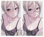  1girl bespectacled blush breasts camisole character_name cleavage glasses grey_hair hair_between_eyes highres idolmaster idolmaster_cinderella_girls jewelry light_smile looking_at_viewer medium_breasts mochipuyo necklace shiomi_syuko short_hair upper_body 