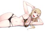  1girl arm_behind_head armpits bikini blonde_hair breasts choker floral_print highres kitagawa_marin large_breasts long_hair looking_at_viewer lying navel on_side red_eyes side-tie_bottom simple_background smile solo sono_bisque_doll_wa_koi_wo_suru swimsuit v white_background yuuji_(and) 