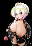  1girl absurdres black_background breasts cleavage highres japanese_clothes kago_(htpxr) large_breasts lolibaba nipples open_mouth oppai_loli original pantyhose short_hair simple_background solo white_hair yellow_eyes 