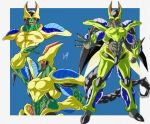  1boy alternate_color android arm_up armor arthropod_boy biomechanical black_carapace black_nails black_sclera blue_background blue_carapace border carapace cell_(dragon_ball) clenched_hand colored_sclera colored_skin cropped_torso demon dragon_ball dragon_ball_z elbow_spikes english_commentary fangs fingernails full_body fusion green_carapace green_skin grey_skin highres hirudegarn insect_wings monster multiple_views muscular muscular_male open_mouth outstretched_arm perfect_cell reykovlor scorpion_tail serious sharp_fingernails shoulder_armor signature stinger tail teeth upper_body white_border wings yellow_carapace yellow_eyes 