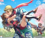 1girl 2boys ace_(fire_emblem) armor arthur_(fire_emblem_fates) blonde_hair brown_hair carrying carrying_person couple dragon family fire_emblem fire_emblem_fates hana_(fire_emblem) highres husband_and_wife kawasaki_ninja_250 kiss misokatsuhaumai multiple_boys muscular muscular_male nintendo parent_and_child percy_(fire_emblem) princess_carry sandals scarf white_armor wyvern 