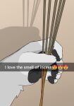  2025 absurd_res ambiguous_gender ambiguous_species anthro caption claws close-up emoji english_text fur grey_background heart_eyes heart_symbol hi_res holding_object humor incense mammal melancholiclion pun shadow simple_background solo text tuft 