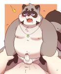  2022 5:6 anthro belly big_belly blush bodily_fluids cum drooling duo erection genital_fluids genitals hi_res humanoid_genitalia humanoid_hands humanoid_penis kemono kemonuo male mammal moobs navel nipples overweight overweight_male penis procyonid raccoon saliva sex solo_focus 