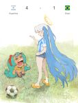  2026_fifa_world_cup argentina argentinian_miku asociacion_de_futbol_argentina ball brazilian_miku dark_skin denim denim_shorts flag glasses hatsune_miku highres meme sad sandals screaming shorts soccer soccer_ball sun tan twintails united world_cup yugen99 