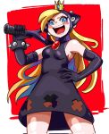  1girl axe blonde_hair blue_eyes blush_stickers bracelet breasts cowboy_shot eyeshadow gloves hand_on_own_hip highres holding holding_axe holding_tennis_racket jewelry laughing looking_at_viewer makeup mario_(series) mario_power_tennis mario_tennis notus_49 open_mouth purple_gloves red_eyeshadow small_breasts solo spiked_bracelet spikes warupeach 