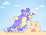  absurd_res ambiguous_gender anthro artfight dreamare flag flower fluffy fur gloves_(marking) hi_res holding_object markings pink_flower plant purple_body purple_fur purple_shell red_flag sand_castle sculpture shell signature solo unknown_species yellow_body yellow_fur 