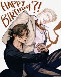  2boys amuii arm_around_waist black_jacket black_pants blonde_hair blush brown_hair brown_jacket collared_shirt eren_yeager furrowed_brow hair_bun happy highres jacket male_focus multiple_boys necktie open_mouth pants red_necktie reiner_braun shingeki_no_kyojin shirt short_hair upper_body white_shirt yaoi 