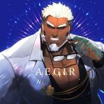  1boy absurdres aegir_(housamo) aqua_hair bara beard blue_background blue_eyes character_name commentary_request dark-skinned_male dark_skin facial_hair fingernails fish_boy formal grin highres holding holding_eyewear large_pectorals light_rays long_sleeves looking_at_viewer male_focus mature_male multicolored_hair muscular muscular_male open_clothes open_shirt oyatu55k pectoral_cleavage pectorals scales sharp_fingernails short_hair smile solo sparkle streaked_hair suit thick_eyebrows tokyo_afterschool_summoners upper_body white_hair white_suit 
