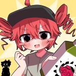  1girl ahoge baseball_cap black_hat blush blush_stickers bottle cross-shaped_pupils crossed_bangs dot_nose drill_hair grey_shirt hair_between_eyes hat highres holding holding_bottle kasane_teto kasane_teto_(sv) looking_at_viewer mesmerizer_(vocaloid) musekinin_shuugoutai_(synthesizer_v) open_mouth override_(synthesizer_v) poppippoo_(vocaloid) red_eyes red_hair shirt short_sleeves silhouette simple_background smile solo symbol-shaped_pupils synthesizer_v triangle_mouth twin_drills utau yatsuhashi_pork yellow_background 