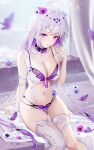 1girl alternate_costume bare_shoulders bra breasts bright_pupils bug butterfly castorice_(honkai:_star_rail) collarbone commentary english_commentary flower hair_flower hair_ornament hand_up highres honkai:_star_rail honkai_(series) large_breasts long_hair no_gloves panties parted_lips pointy_ears purple_butterfly purple_eyes purple_flower purple_hair rimuu single_thighhigh sitting skindentation solo thigh_gap thighhighs thighs underwear very_long_hair white_bra white_panties white_pupils white_thighhighs 