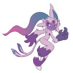  1girl animal_ears animal_feet animal_hands animal_nose body_fur chest_jewel claws closed_mouth commentary english_commentary espeon fang fang_out flat_chest flat_color forehead_jewel forked_tail full_body furry furry_female fusion gem hand_up happy leg_up looking_back outline pokemon pokemon_(creature) purple_eyes purple_fur red_gemstone running smile sneasler solo standing standing_on_one_leg tabbz tail transparent_background two-tone_fur watermark white_outline 