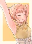  1girl armpits arms_up blush breasts closed_eyes highres idolmaster idolmaster_shiny_colors light_brown_hair medium_breasts outstretched_arms sakuragi_mano shirt simple_background skirt sleeveless sleeveless_shirt solo stretching tears two-tone_background upper_body villeannn white_skirt yellow_shirt 