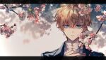  1boy blonde_hair blue_eyes cherry_blossoms flower hand_on_own_chest heathcliff_blanchett looking_at_viewer mahoutsukai_no_yakusoku male_focus mole mole_under_eye naruta_iyo parted_lips short_hair solo teeth tree white_background 