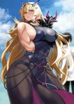  1boy 1girl arm_under_breasts armor bangs bare_shoulders biceps black_dress black_gloves blonde_hair blue_sky blurry blurry_background breasts chain chaldea_uniform covered_navel dress earrings elbow_gloves fairy_knight_gawain_(fate) fairy_knight_gawain_(second_ascension)_(fate) fate/grand_order fate_(series) fujimaru_ritsuka_(male) gauntlets gloves green_eyes heterochromia highres horns jewelry kawabata_yoshihiro large_breasts long_hair looking_to_the_side muscular muscular_female open_mouth pantyhose pauldrons pelvic_curtain red_eyes revision shoulder_armor sideboob single_gauntlet single_pauldron sky solo_focus thick_thighs thighs very_long_hair 