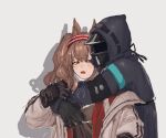  1girl 1other ambiguous_gender angelina_(arknights) animal_ears arknights black_coat black_gloves blush breasts brown_hair coat commentary_request d: doctor_(arknights) dot_nose fox_ears gloves grabbing_another&#039;s_breast groping hairband hand_on_another&#039;s_hand hood hood_up hooded_coat hug hug_from_behind jacket kanuluillust medium_hair molestation open_clothes open_coat open_jacket red_eyes red_hairband red_jacket shadow simple_background small_breasts striped_clothes striped_hairband twintails two-tone_hairband unzipped upper_body white_background white_coat 