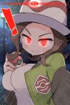  ! 1girl alpha_pokemon breasts brown_hair emphasis_lines green_jacket harmony_(pokemon) hat highres huge_breasts jacket kurachi_mizuki looking_at_viewer open_clothes open_jacket poke_ball pokemon pokemon_legends:_z-a red_eyes shirt solo sweat white_shirt 