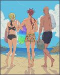  1girl 2boys bald ball barefoot beach beachball bikini black_bikini blonde_hair cloud cooler elena_(ff7) facing_away final_fantasy final_fantasy_vii final_fantasy_vii_remake from_behind full_body highres innertube lanimaiu long_hair low_ponytail male_swimwear multiple_boys ocean outdoors red_hair reno_(ff7) rude_(ff7) short_hair spiked_hair sunglasses swim_trunks swimsuit topless_male towel umbrella 