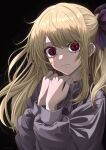  1girl absurdres alternate_eye_color aura black_hole-shaped_pupils bob_cut crying dark_aura dark_persona glowing glowing_eyes hair_ribbon highres hoshino_ruby inverted_bob long_hair one_side_up oshi_no_ko purple_shirt red_eyes ribbon shirt solo star-shaped_pupils star_(symbol) symbol-shaped_pupils syn_(synstyle) tears 