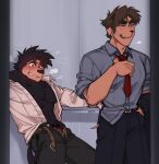  2boys abs an_extremely_goofy_movie animal_ears bara belt black_fur black_hair black_pants blush bradley_uppercrust_iii disney dog_boy dog_ears dog_nose dog_tail elevator english_commentary floppy_ears furry furry_male grey_shirt grin implied_kiss kikiki_2006 looking_at_another looking_to_the_side male_focus male_underwear max_goof messy_hair multiple_boys muscular muscular_male navel necktie open_clothes open_fly open_mouth open_shirt pants pectorals puff_of_air red_male_underwear red_necktie shirt smile steam sweatdrop tail unbuttoned underwear unfastened unzipped white_shirt yaoi 