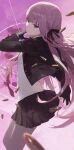  1girl absurdres bangs black_gloves black_ribbon black_skirt braid brown_necktie bullet closed_mouth collared_shirt cowboy_shot danganronpa:_trigger_happy_havoc danganronpa_(series) from_side gloves grey_background grey_pantyhose hair_ribbon hand_up highres jacket kirigiri_kyouko long_hair long_sleeves modare necktie open_clothes open_jacket orange_necktie pantyhose pink_background pink_eyes pink_hair pleated_skirt purple_eyes purple_hair ribbon shiny shiny_hair shirt side_braid skirt solo white_shirt 