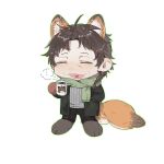  1boy ahoge animal_ear_fluff animal_ears animal_feet black_coat black_pants blush braid brown_hair character_print chibi chibi_only chinese_commentary closed_eyes coat commentary_request cup fox_boy fox_ears fox_tail green_outline green_scarf grey_sweater hand_in_pocket harada_minoru heart heart_in_mouth highres holding holding_cup isoi_reiji long_sleeves male_focus mrkkaochang mug open_clothes open_coat open_mouth outline pants print_mug ribbed_sweater saibou_shinkyoku scar scar_on_face scar_on_forehead scar_on_hand scarf side_braid simple_background single_braid smile solo steam sweater tail white_background 