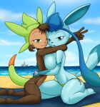  2022 5_fingers anthro beach bedroom_eyes big_breasts bikini bikini_bottom black_nose blue_body blue_eyes blue_sclera breast_squish breasts brown_body brown_hair buckteeth chespin clothed clothing cloud countershade_torso countershading duo eeveelution embrace eyebrows feet female female/female fingers flat_chested fur fur_markings galia_(sandwich-anomaly) gesture glaceon green_eyes hair half-closed_eyes hand_on_back hand_spike hi_res hug humanoid_feet kneeling leina_(sandwich-anomaly) looking_at_viewer markings narrowed_eyes navel nintendo oil_rig open_mouth outside pink_nose pok&eacute;mon pok&eacute;mon_(species) raised_eyebrows raised_tail sand sandwich-anomaly sea seaside seductive sky slim smile smirk squish submarine swimwear teasing teeth thick_thighs topless towel v_sign vehicle video_games water watercraft 