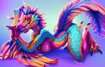 2025 anthro archaeopteryx biped blue_body blue_feathers breasts clasped_hands claws colorful_theme digital_media_(artwork) dinosaur feathered_dinosaur feathered_scalie feathers feet female finger_claws fingers fivel head_feathers looking_at_viewer lying multicolored_body multicolored_feathers non-mammal_breasts nude nude_anthro nude_female on_front prehistoric_species pupils purple_body purple_scales rainbow_body rainbow_feathers reptile scales scalie sharp_teeth side_view simple_background slit_pupils smile solo tail tail_feathers talons teeth theropod toe_claws toes ventral_scales yellow_sclera