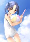  1girl ball bangs bare_arms bare_shoulders beachball black_bow blue_hair blue_sky bow brown_eyes closed_mouth cloud collarbone commentary_request day food hair_bow highres holding holding_food object_hug old_school_swimsuit one-piece_swimsuit original outdoors parted_bangs school_swimsuit shibacha sky smile solo swimsuit tongue tongue_out tupet twintails white_swimsuit 