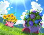  cloud cloudy_sky day falling_petals fighting_stance flower frown grass head_wreath kirby kirby_(series) leaf looking_at_viewer miclot mountain mountainous_horizon open_mouth outstretched_arms petals sky spread_arms sun sunflower sunlight 