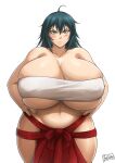  1girl angry bare_legs batako_(pixiv54063972) black_hair breasts curvy green_eyes hand_on_hip highres huge_breasts japanese_clothes long_hair looking_at_viewer manyuu_chifusa manyuu_hikenchou standing strapless tube_top watermark white_background 