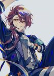  1boy cain_knightley finger_to_mouth finger_to_own_chin gloves grey_background highres long_hair long_sleeves looking_at_viewer mahoutsukai_no_yakusoku male_focus naruta_iyo parted_lips ponytail red_hair shushing solo yellow_eyes 