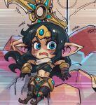  1girl alternate_ears alternate_form bangs bare_shoulders black_gloves black_hair black_thighhighs blush boomerang boots breasts brown_footwear fang gem gloves green_eyes hair_ornament knee_boots league_of_legends long_hair navel open_mouth phantom_ix_row pointy_ears shiny shiny_hair sivir skin_fang small_breasts solo stomach thighhighs weapon yordle 