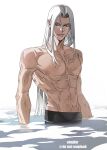  1boy abs bangs bare_arms black_pants collarbone final_fantasy final_fantasy_vii final_fantasy_vii_remake green_eyes grey_hair highres long_hair looking_to_the_side male_focus muscular muscular_male pants parted_bangs partially_submerged sephiroth shinjikokoro solo straight_hair topless_male white_background 