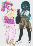  2girls breasts clothes_around_waist colored_skin condom dark-skinned_female dark_skin earrings eyeliner fang green_eyes green_hair gyaru hair_between_eyes high_heels hoop_earrings jewelry kogal long_hair makeup medium_breasts multicolored_hair multiple_girls my_little_pony my_little_pony:_equestria_girls my_little_pony:_friendship_is_magic necktie panties pantyshot pink_skin pleated_skirt ponytail princess_cadance purple_eyes queen_chrysalis school_uniform simple_background skirt slammo sweater_vest tongue tongue_out underwear white_background 