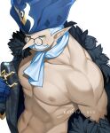  1boy absurdres alternate_body_size artist_name blue_gloves facial_hair genshin_impact glasses gloves hat highres keiryuu_seo long_nose looking_at_viewer male_focus muscular muscular_male mustache navel nipples old old_man pointy_ears pulcinella_(genshin_impact) solo white_background white_hair yellow_eyes 