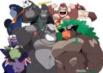 abs anthro ape biceps big_daddy_(sing) black_body black_clothing black_fur black_jacket black_leather_jacket black_topwear blue_body blue_cape blue_clothing blue_fur blue_jumpsuit blush blush_lines brown_body brown_eyes brown_fur cape chain chain_necklace clothed clothing crossed_arms crossover dominant dominant_anthro dominant_male donkey_kong_(character) donkey_kong_(series) eye_contact eyes_closed eyewear father_(lore) father_and_child_(lore) father_and_son_(lore) fist fists_clenched funky_kong fur generation_8_pokemon gloves gold_(metal) gold_jewelry gold_necklace gorilla green_body green_clothing green_fur green_shirt green_topwear grin grinning_at_viewer group handwear haplorhine hi_res hyaku_(artist) illumination_entertainment jacket jewelry johnny_(sing) kerchief leather leather_clothing leather_jacket leather_topwear looking_at_another looking_at_viewer male mammal manly mask masked_male mojo_jojo mostly_nude muscular muscular_anthro muscular_male necklace necktie necktie_only nintendo nude nude_anthro nude_male orange_clothing orange_shirt orange_topwear parent_(lore) parent_and_child_(lore) parent_and_son_(lore) pecs pokemon pokemon_(species) primate purple_clothing purple_gloves purple_handwear raised_arms red_kerchief red_necktie rillaboom shirt shirtless shirtless_anthro shirtless_male simple_background sing_(movie) smile son_(lore) sunglasses sunglasses_on_face tank_top thick_arms topless topless_anthro topless_male topwear wearing_sunglasses white_background white_clothing white_shirt white_tank_top white_topwear