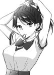  1girl armpits arms_behind_head arms_up bangs bow breasts closed_mouth collared_shirt earrings greyscale hair_tie hair_tie_in_mouth highres ice_cream_kanojo jewelry kawai_miruku kuune_rin looking_at_viewer medium_breasts monochrome mouth_hold parted_bangs ponytail shirt short_sleeves simple_background solo tying_hair white_background 